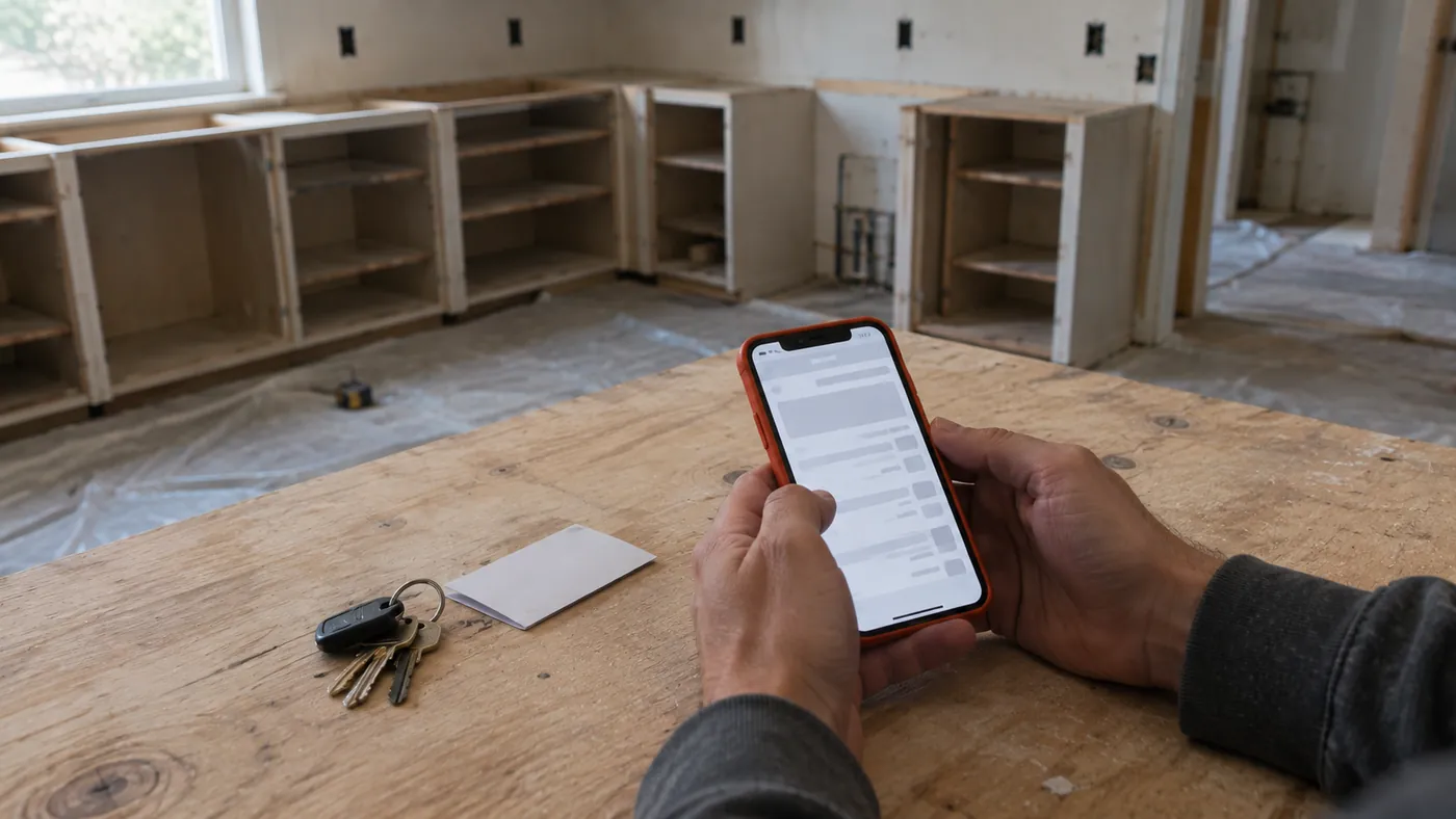 Two hands holding a phone in an orange case over a plywood counter, the screen blurred, with keys and a folded card beside it and bare cabinet boxes behind