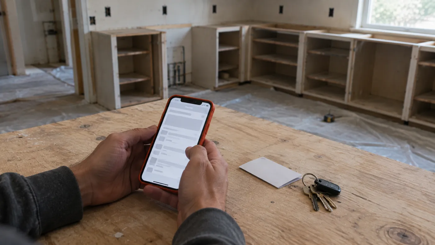Hands holding a phone with a blurred screen over a plywood counter, with keys and a folded card beside it