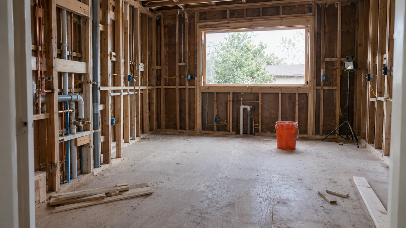 A kitchen stripped to the studs, with open walls showing water lines, a drain pipe and new wiring, and an orange bucket on the subfloor