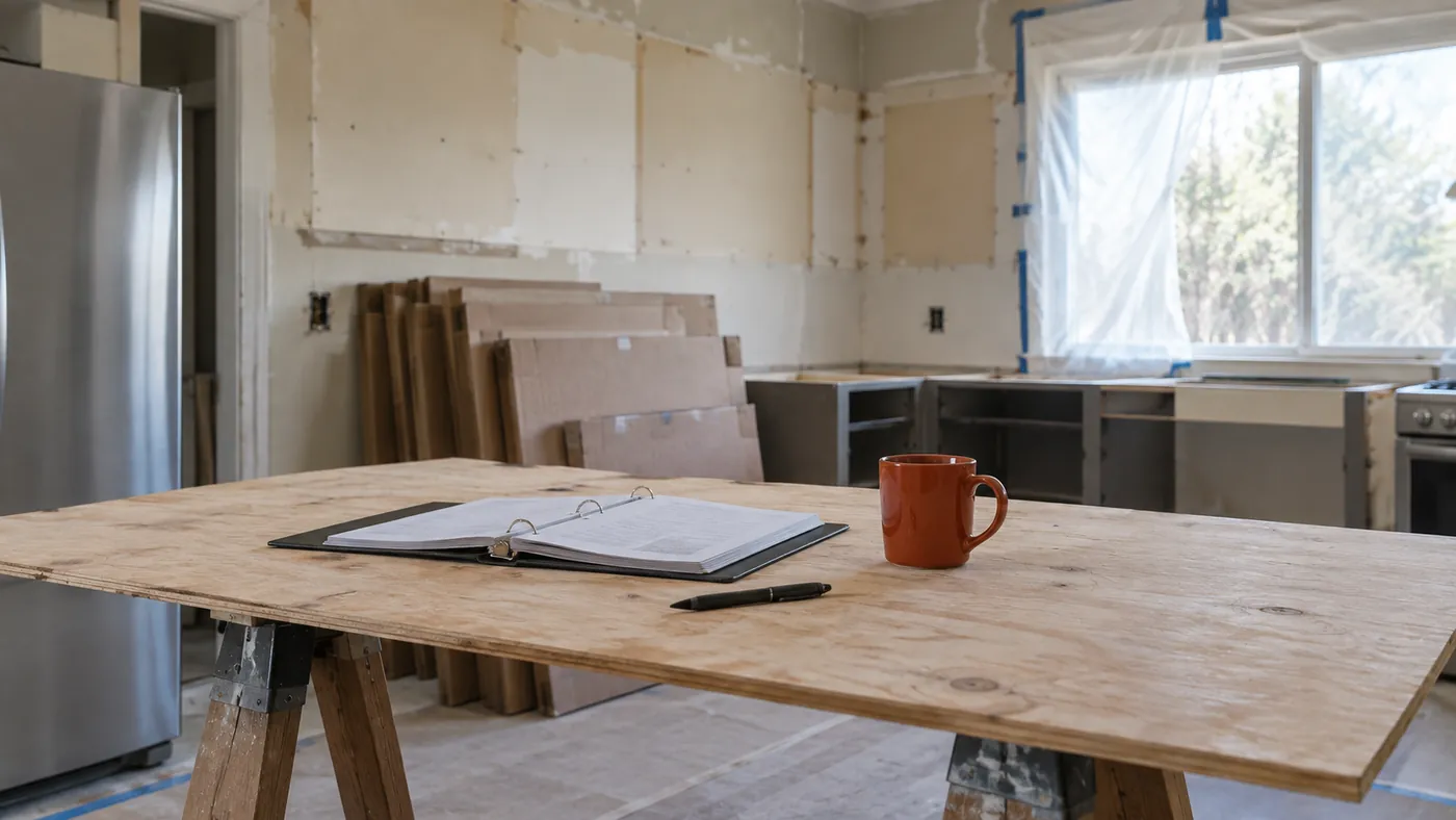 A plywood table on sawhorses with an open binder, a pen and an orange mug, in a kitchen whose cabinets are still in their boxes