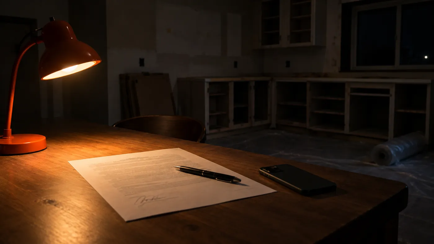 A signed paper and a pen under an orange desk lamp at night, with a bare kitchen of doorless cabinet boxes behind