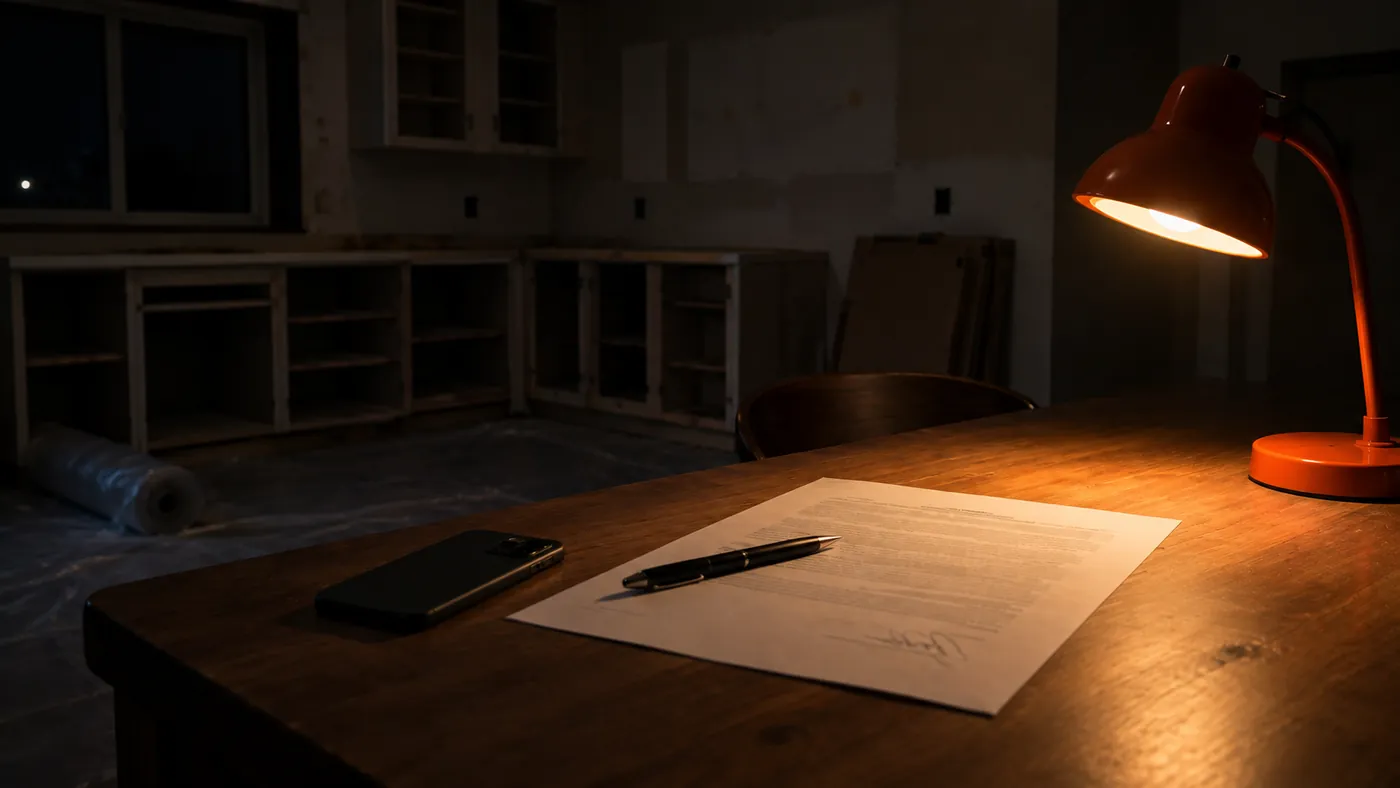 A signed paper and a pen on a wooden table at night under an orange desk lamp, with a kitchen of doorless cabinet boxes in the dark behind