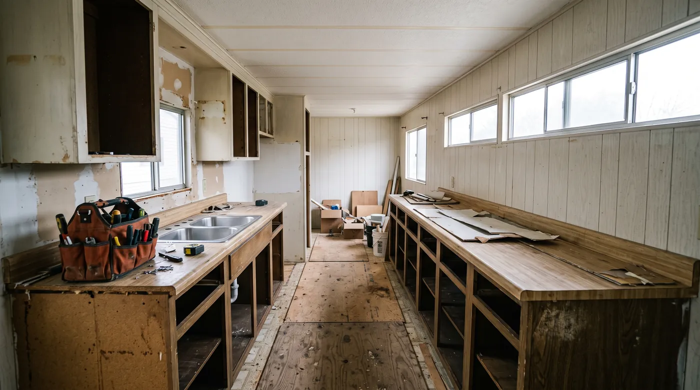 A narrow manufactured home kitchen mid renovation, lower cabinet boxes without doors, a new sink in place and an orange tool bag on the counter