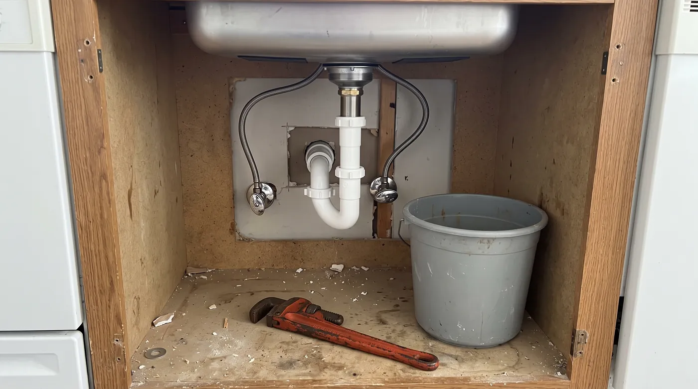 An open sink base with a new white trap running into the wall drain, braided supply lines from the shutoff valves, a gray bucket and an orange pipe wrench