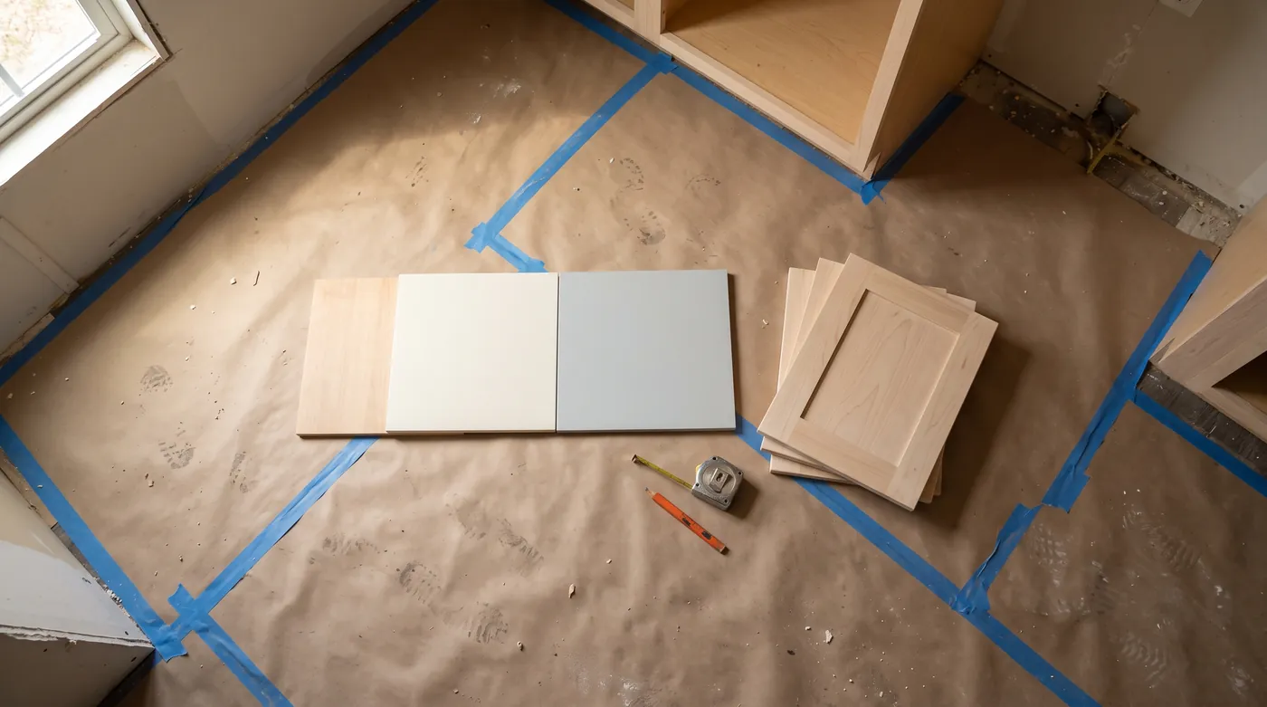 Three wall panel samples and a stack of shaker cabinet doors on paper floor protection, with a tape measure and an orange pencil